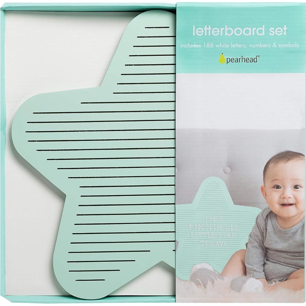 Pearhead Star Shaped Wooden Letterboard Set Baby Keepsake Photo Prop, Mint Green